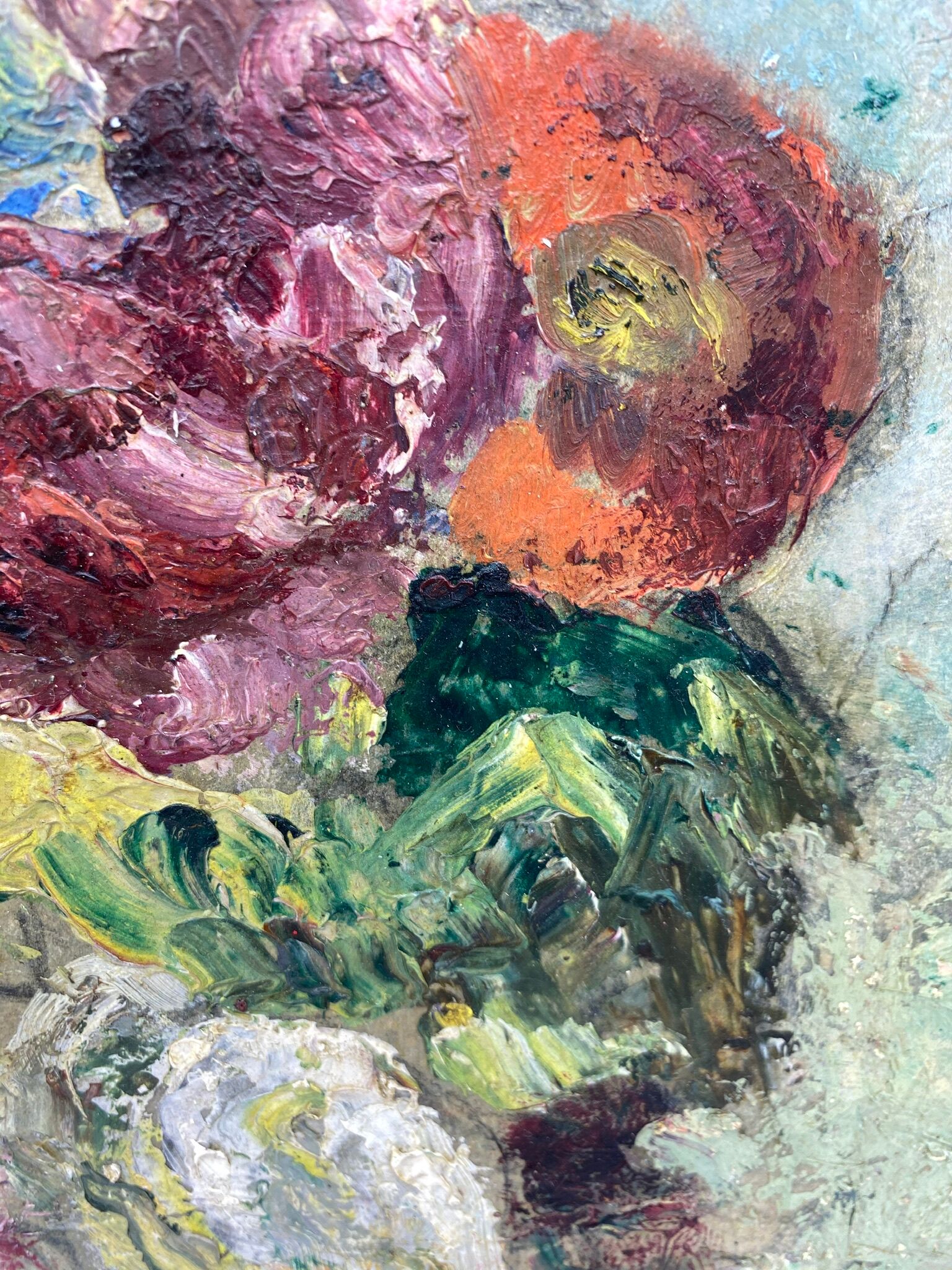Antique painting, flowers in a vase