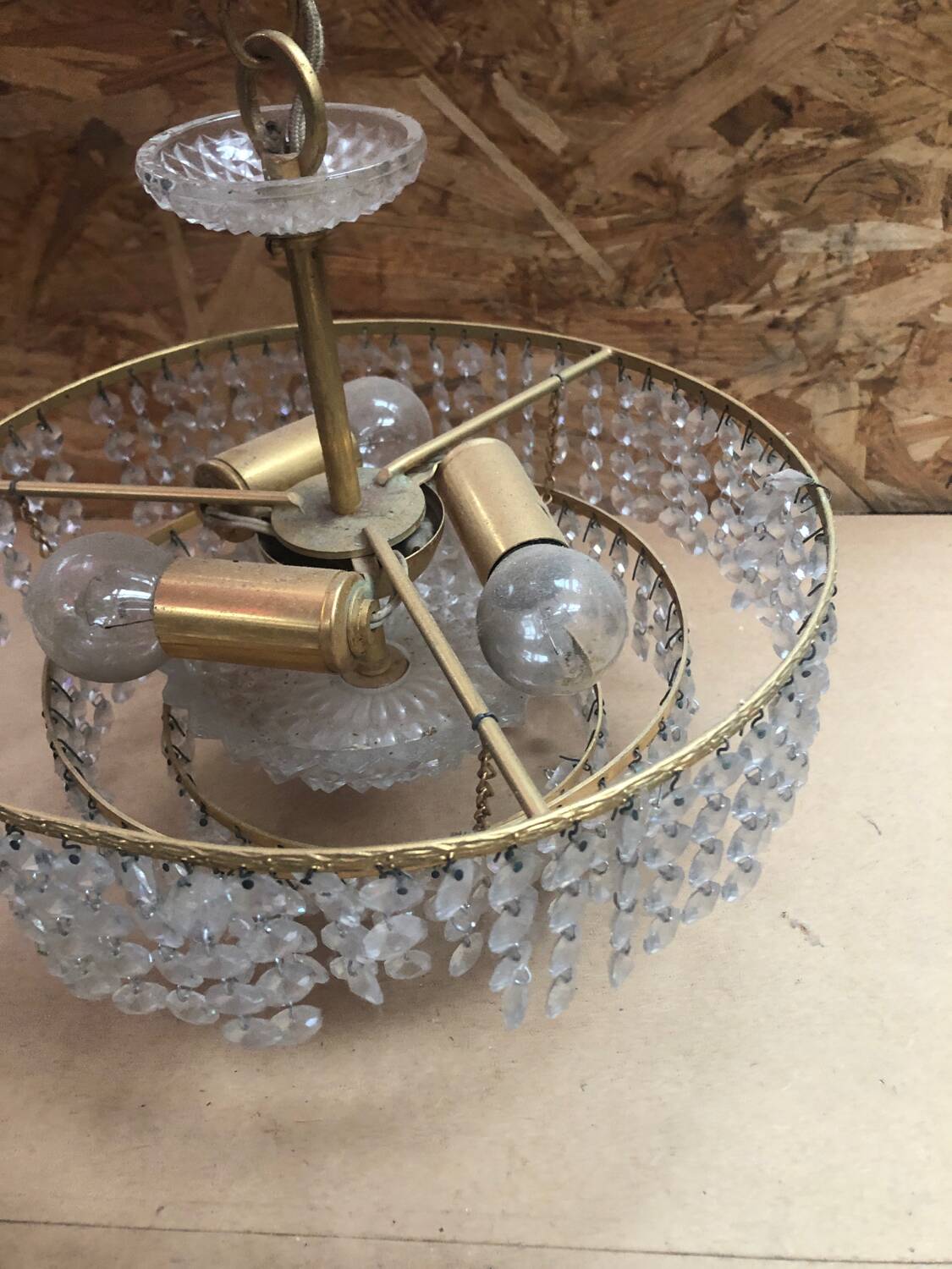 Ancien Lustre Laiton Cascade Pampilles Vintage