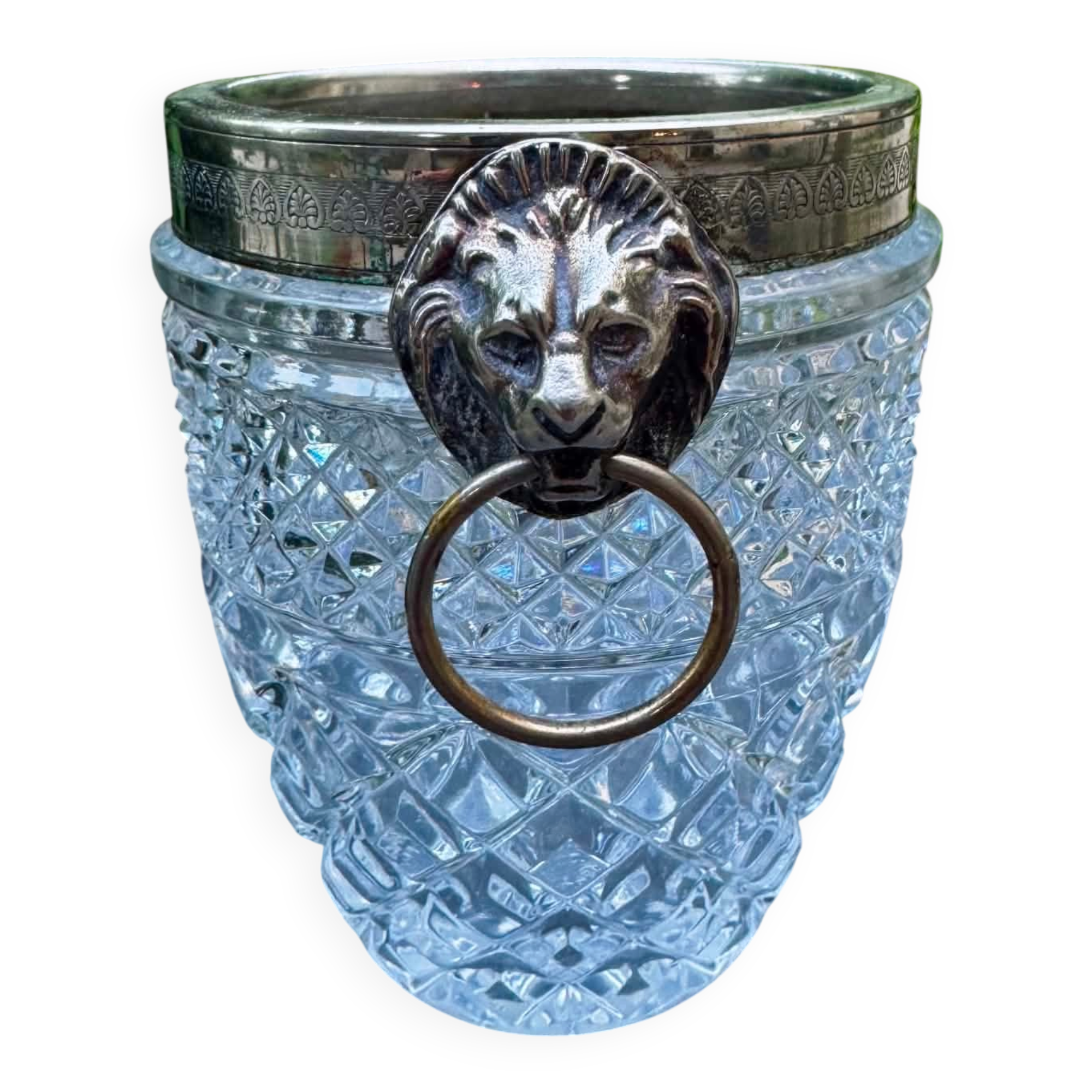 Val Lambert crystal and silver-plated ice bucket with hallmark from the 1950s.