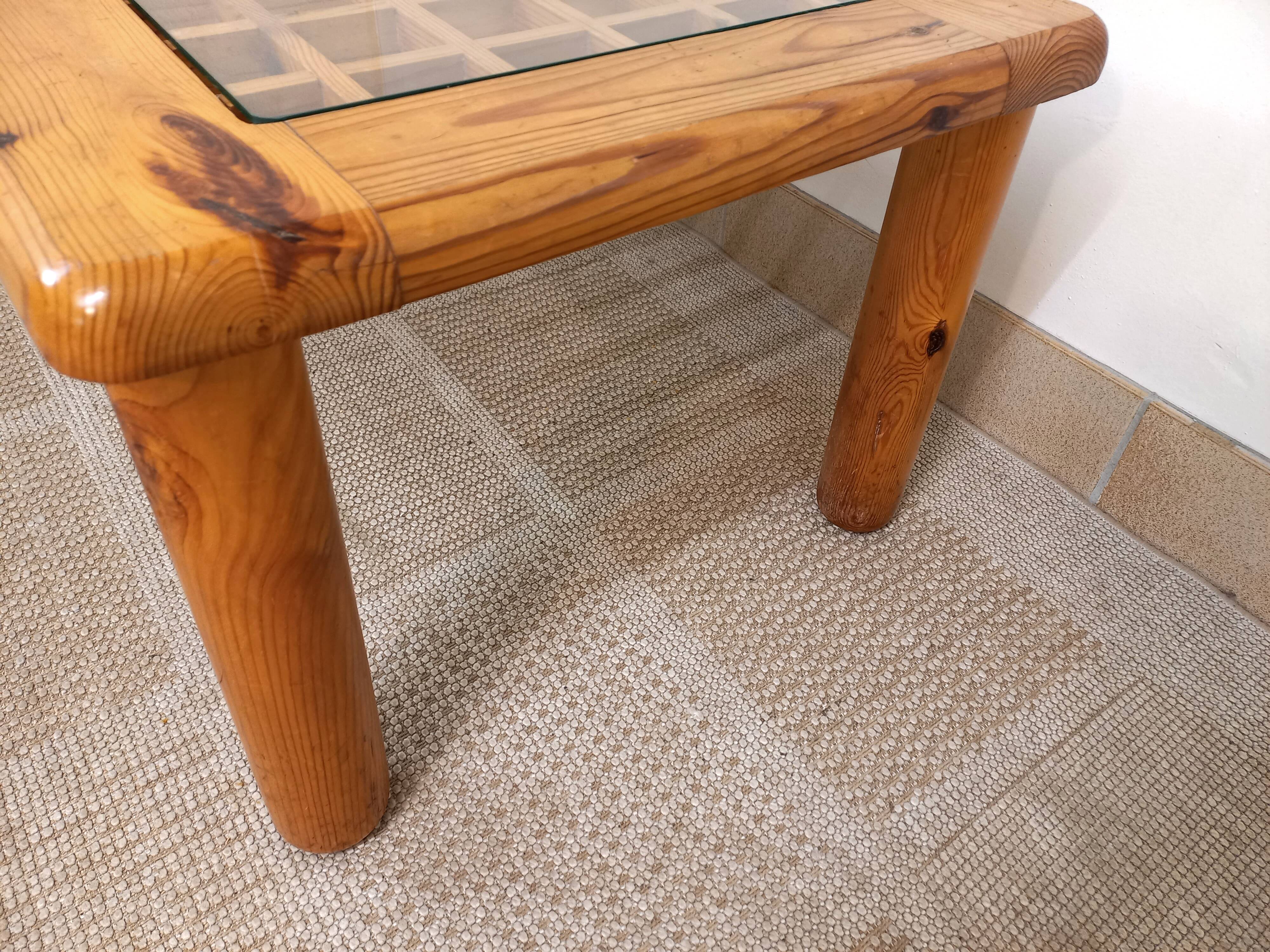 Vintage modernist coffee table in pine and glass 70s 80s