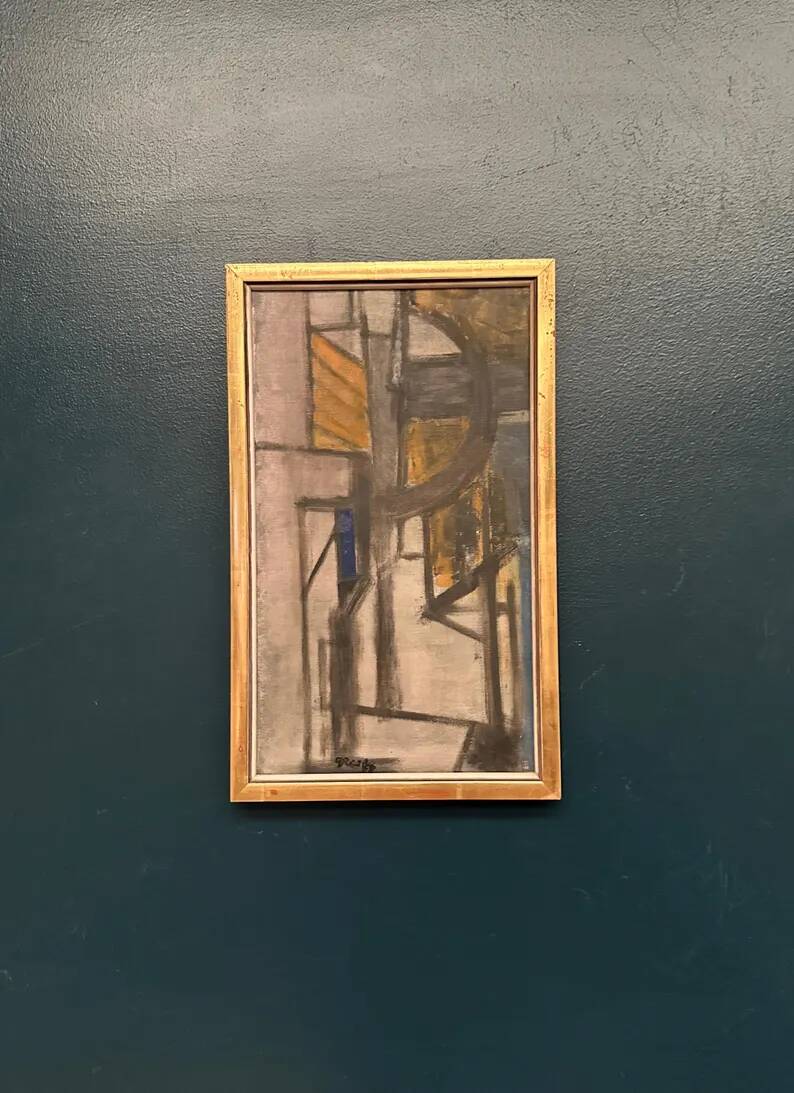 Original Danish Oil on Canvas – “Gul Figurkomposition” by P. Primdahl – Signed – Dated 1958 – Vintage & Framed – 43 × 27 cm (16.9" × 10.6")