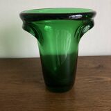 1950s Médicis vase, large Art Deco with handles, made of green blown glass.