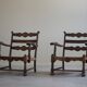 A pair of modern and sculptural vintage Danish armchairs in oak and papercord, 1940s.