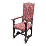 Henri II armchair in solid wood and floral burgundy fabric, 19th century.