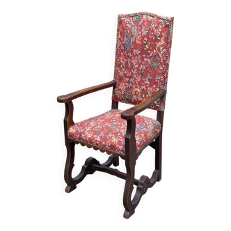 Henri II armchair in solid wood and floral burgundy fabric, 19th century.