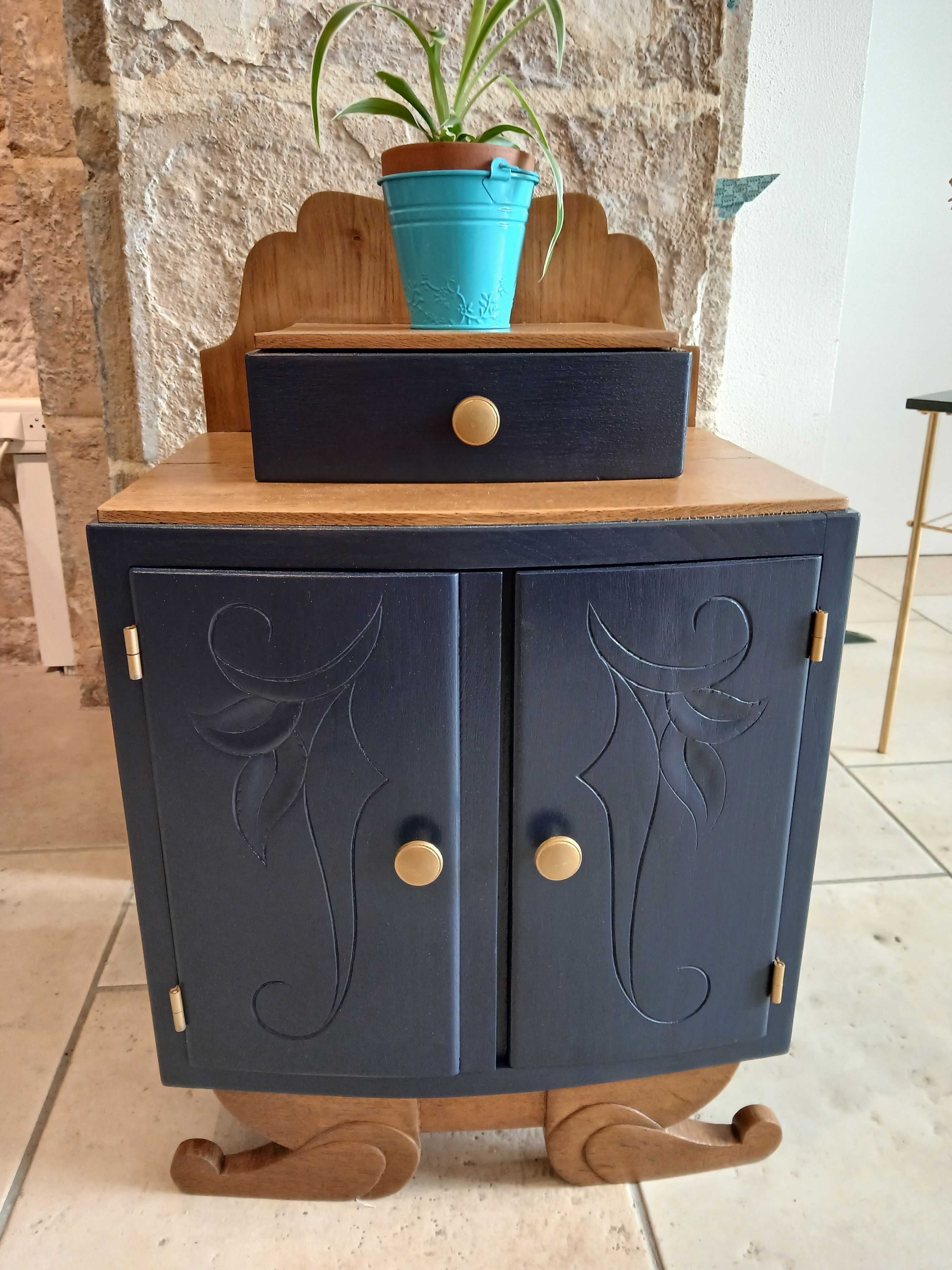 deep blue and wood refurbished bedside table
