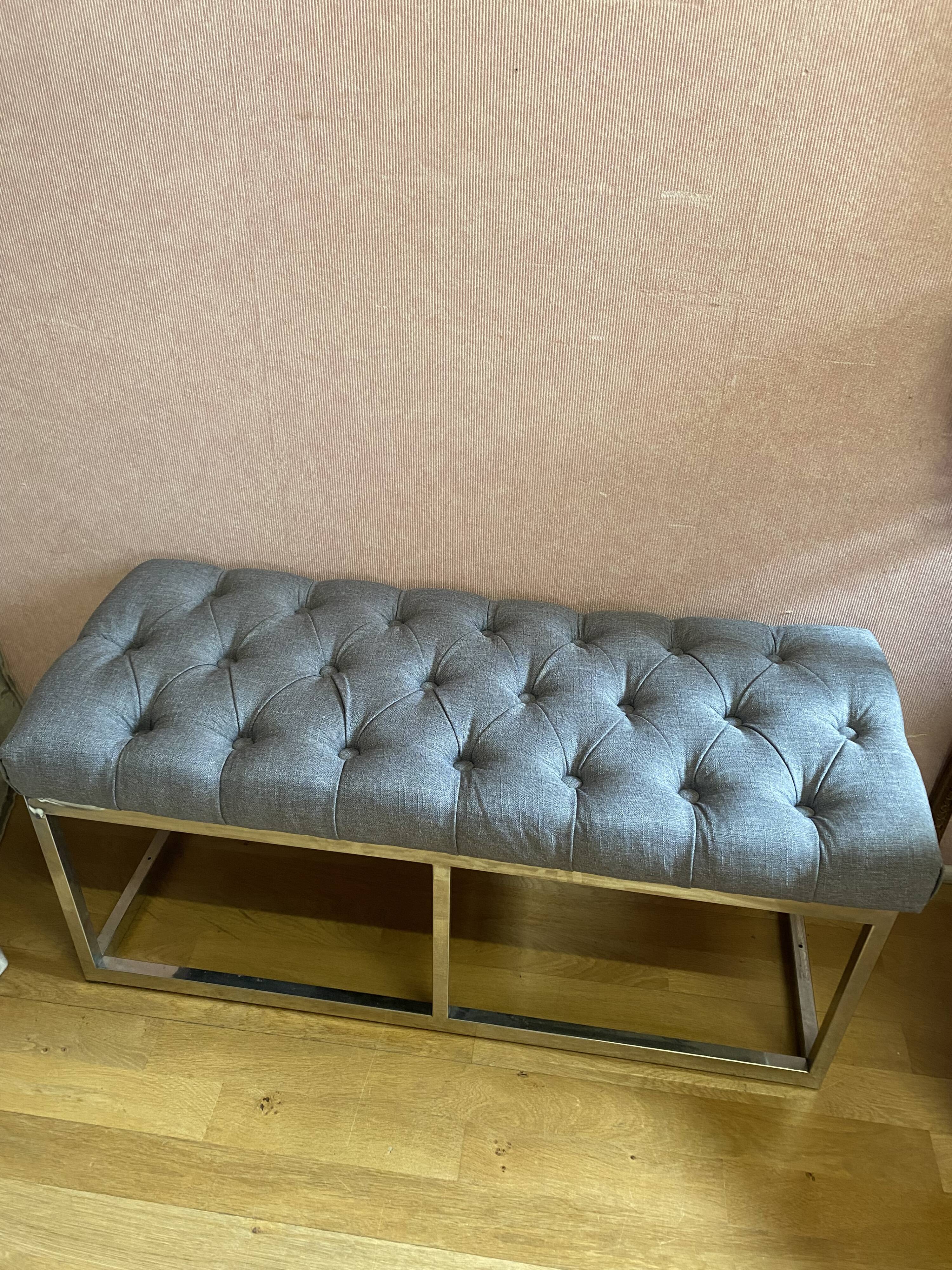 Pair of benches in chrome metal and padded gray fabric