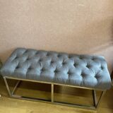 Pair of benches in chrome metal and padded gray fabric