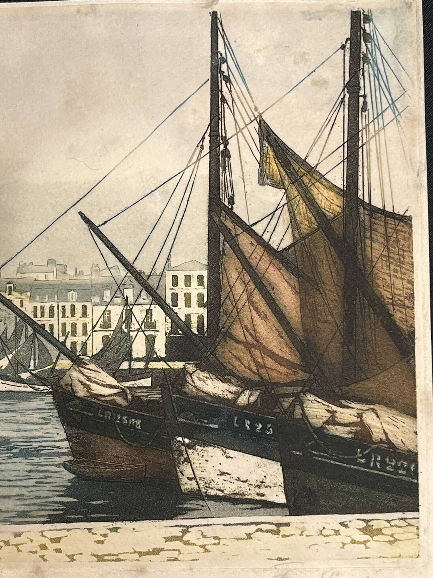 Frédéric Louis Levé, Aquatint Port of La Rochelle framed late 19th century