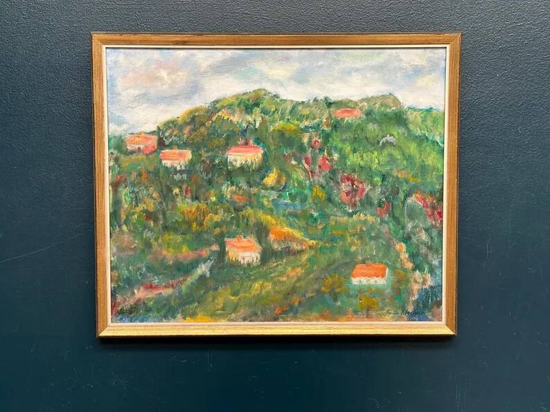 Original Swedish Oil on Canvas – “Hilly Landscape with Houses” by Lalla Blecher – Signed – Vintage & Framed