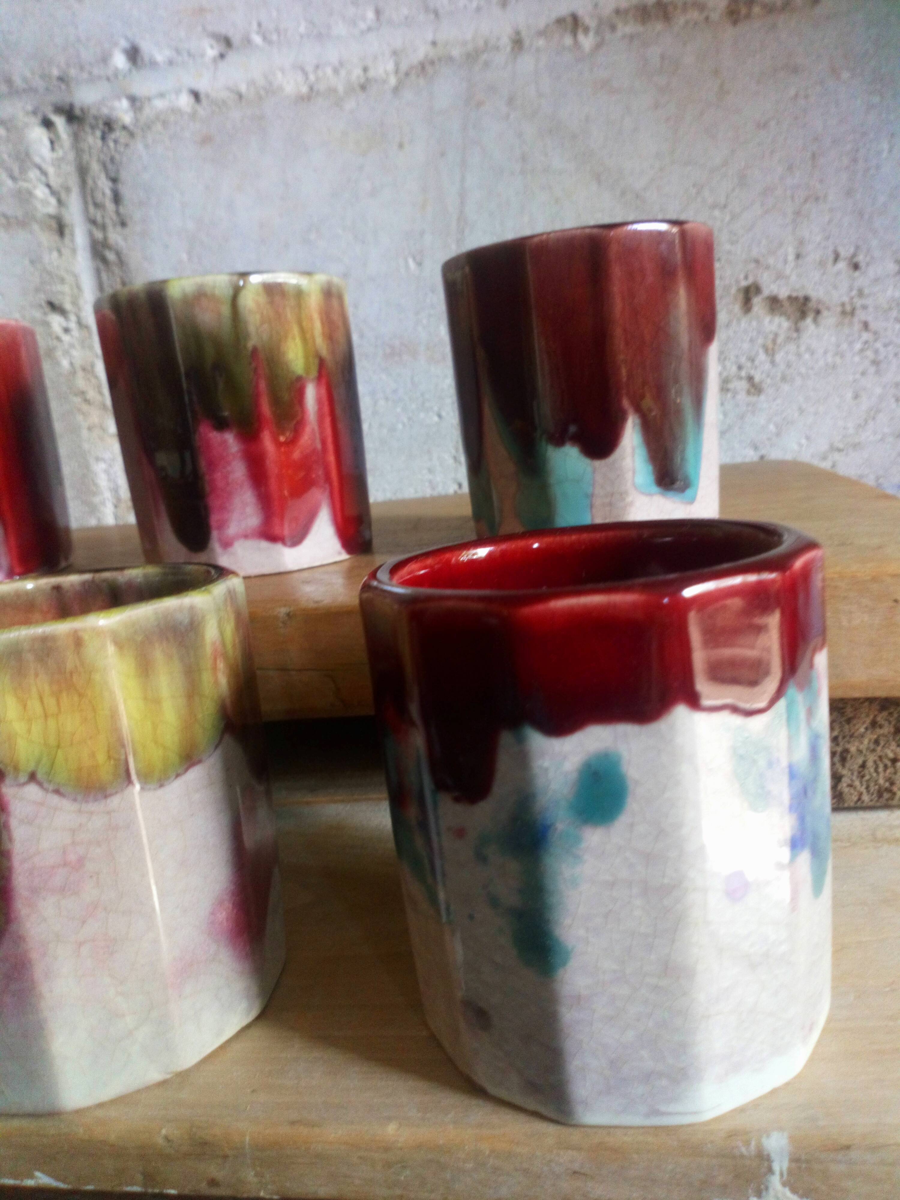 Six old yoghurt pots in enamelled porcelain
