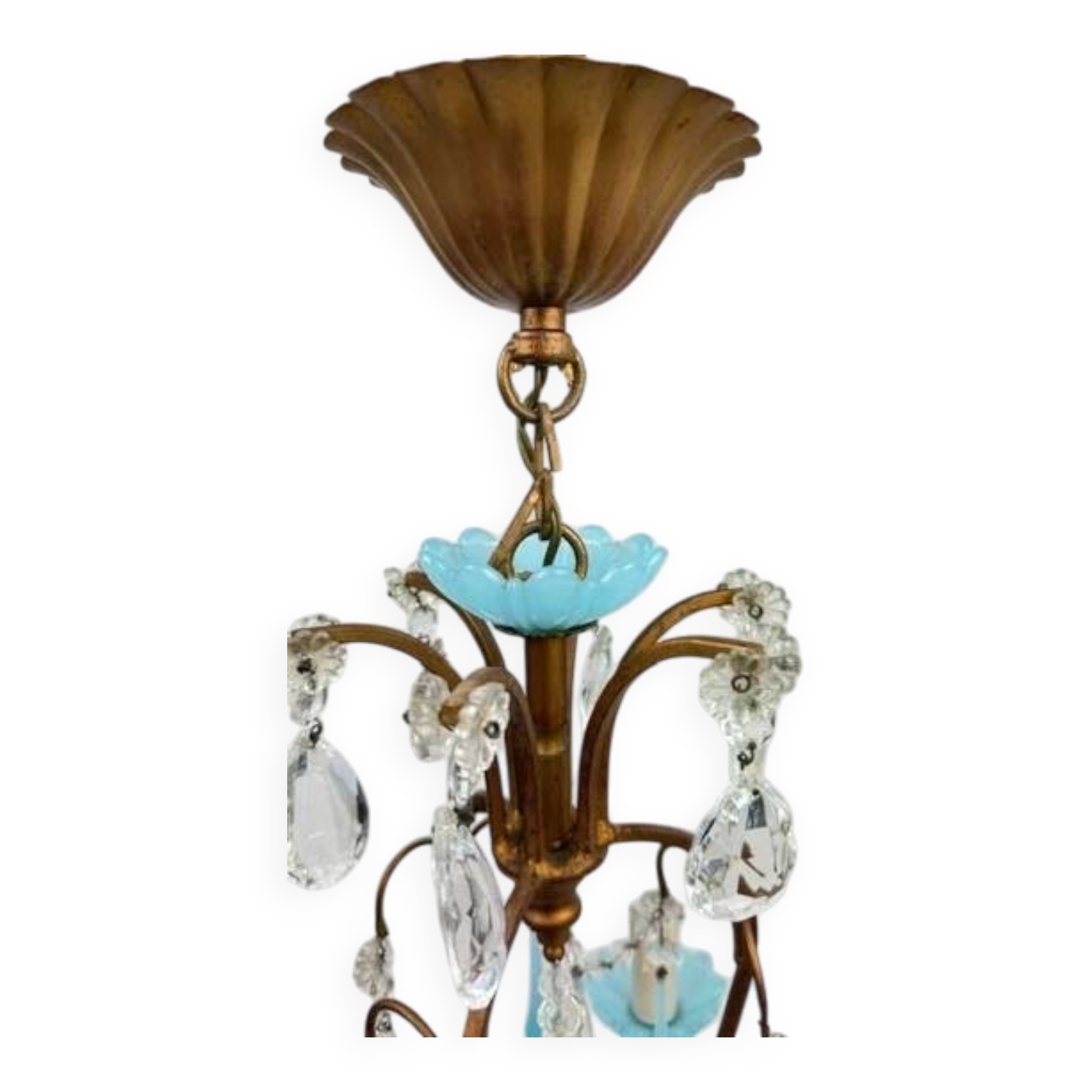 Small Italian chandelier in brass, blue opaline and tassels, 1950s