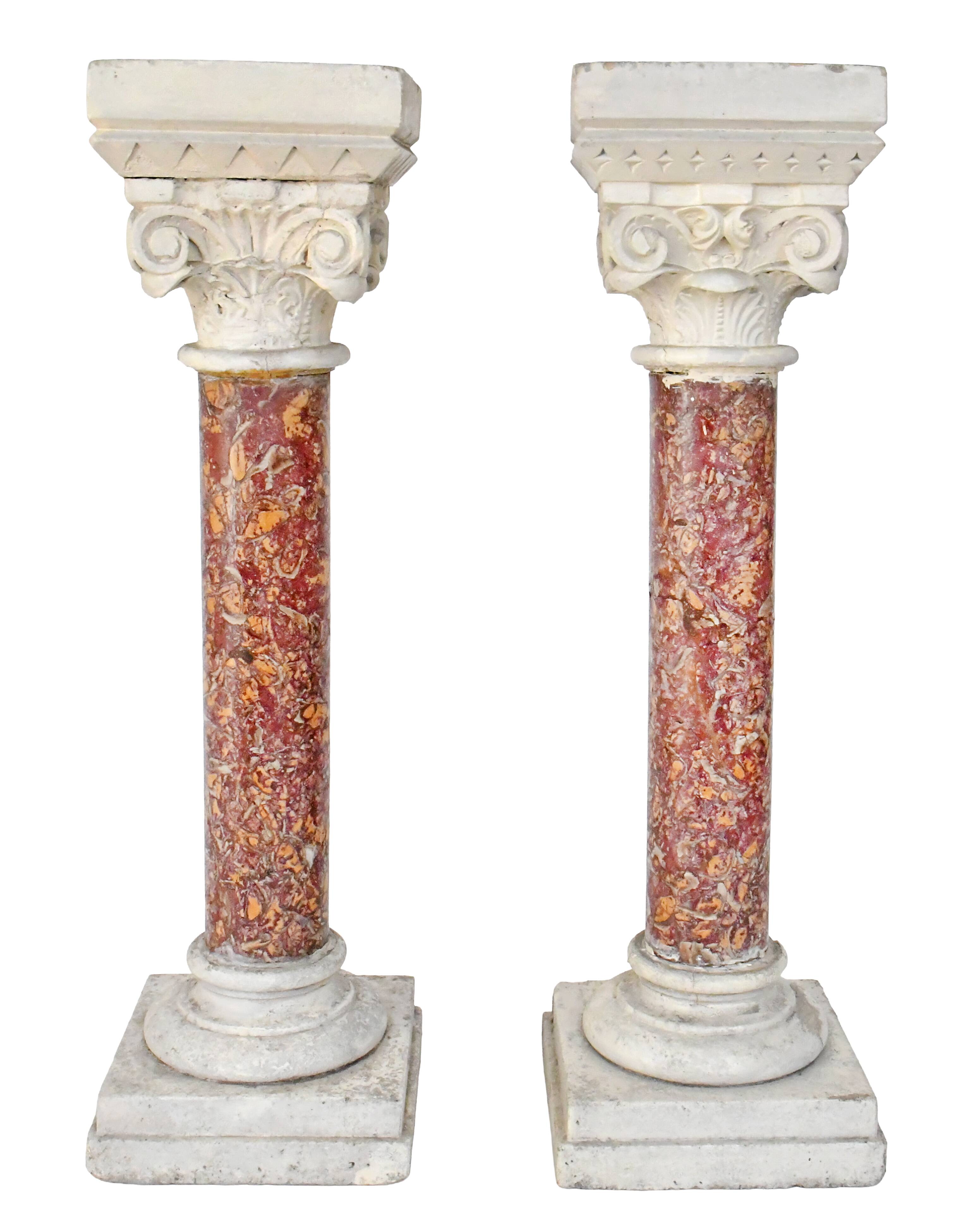 Pair of Brocatelle marble columns and stone with Corinthian capitals.
