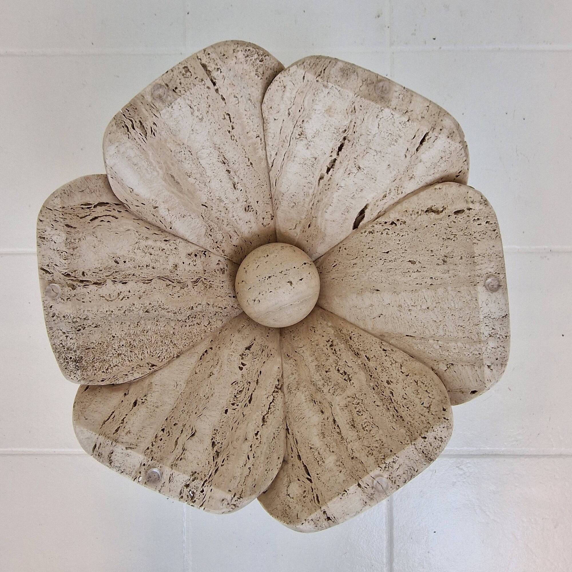 Italian "Flower" Coffee Table in Travertine With Facet-cut Round Plate, 1980s