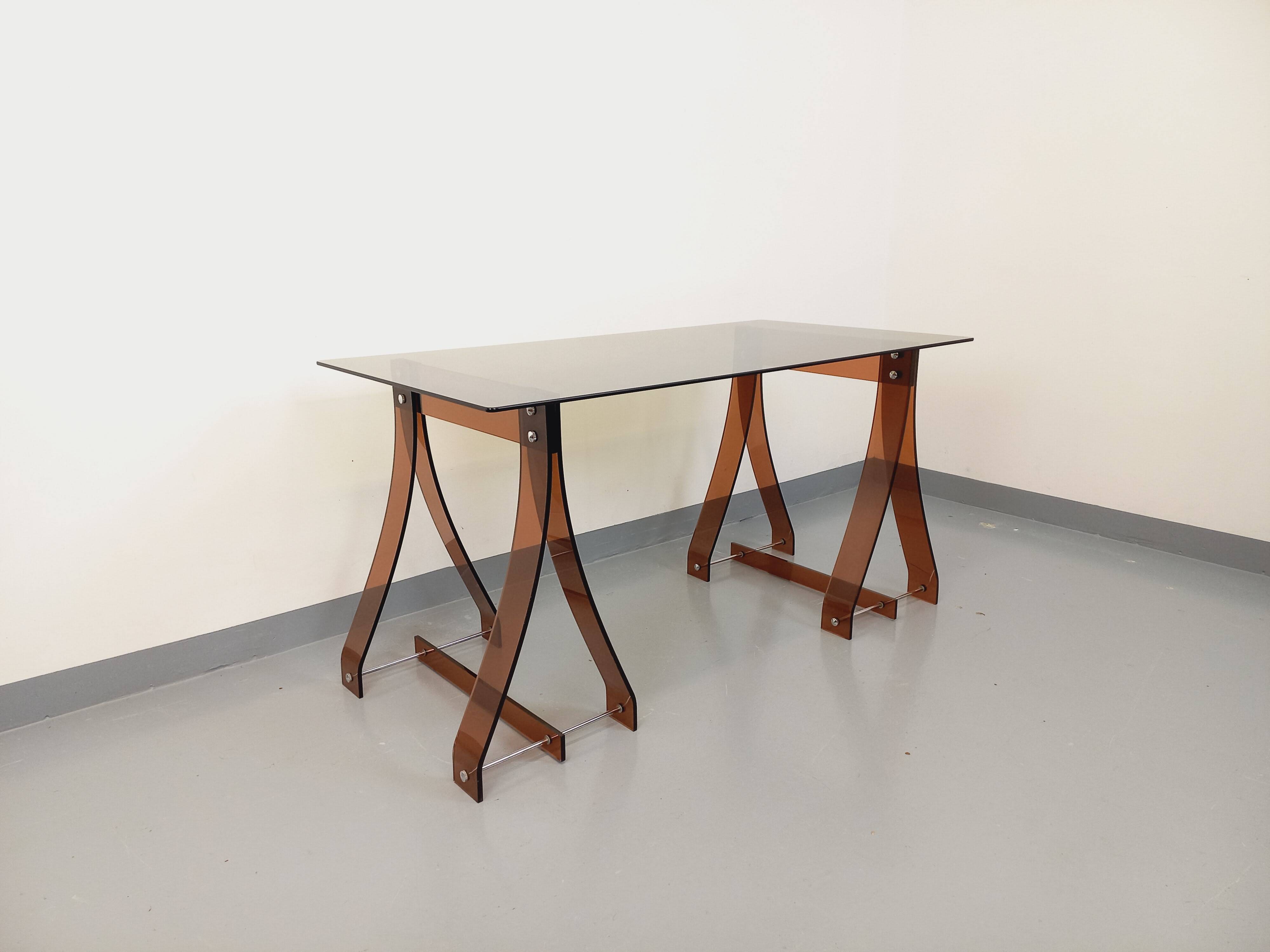Vintage Marcello Gacita and Pierre Tiberi desk in smoked glass and plexiglass