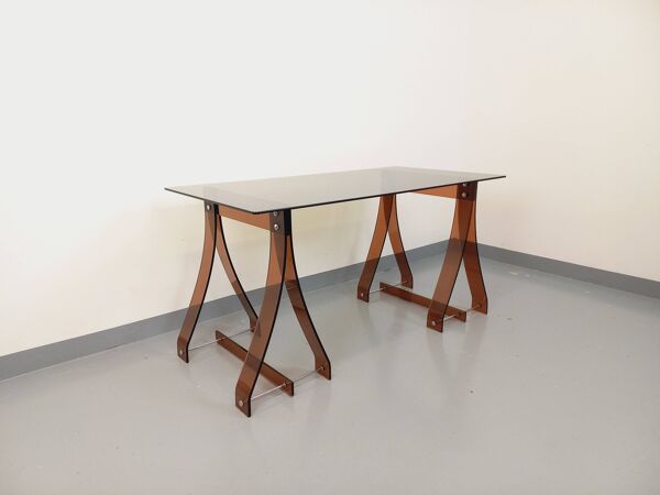 Bureau vintage Marcello Gacita et Pierre Tiberi en verre fumé et plexiglas
