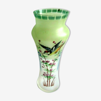 Vase art nouveau verre émaillé Legras chardonneret oiseau et fleurs