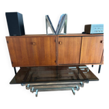 70s design coffee table in rectangular glass with chrome legs.