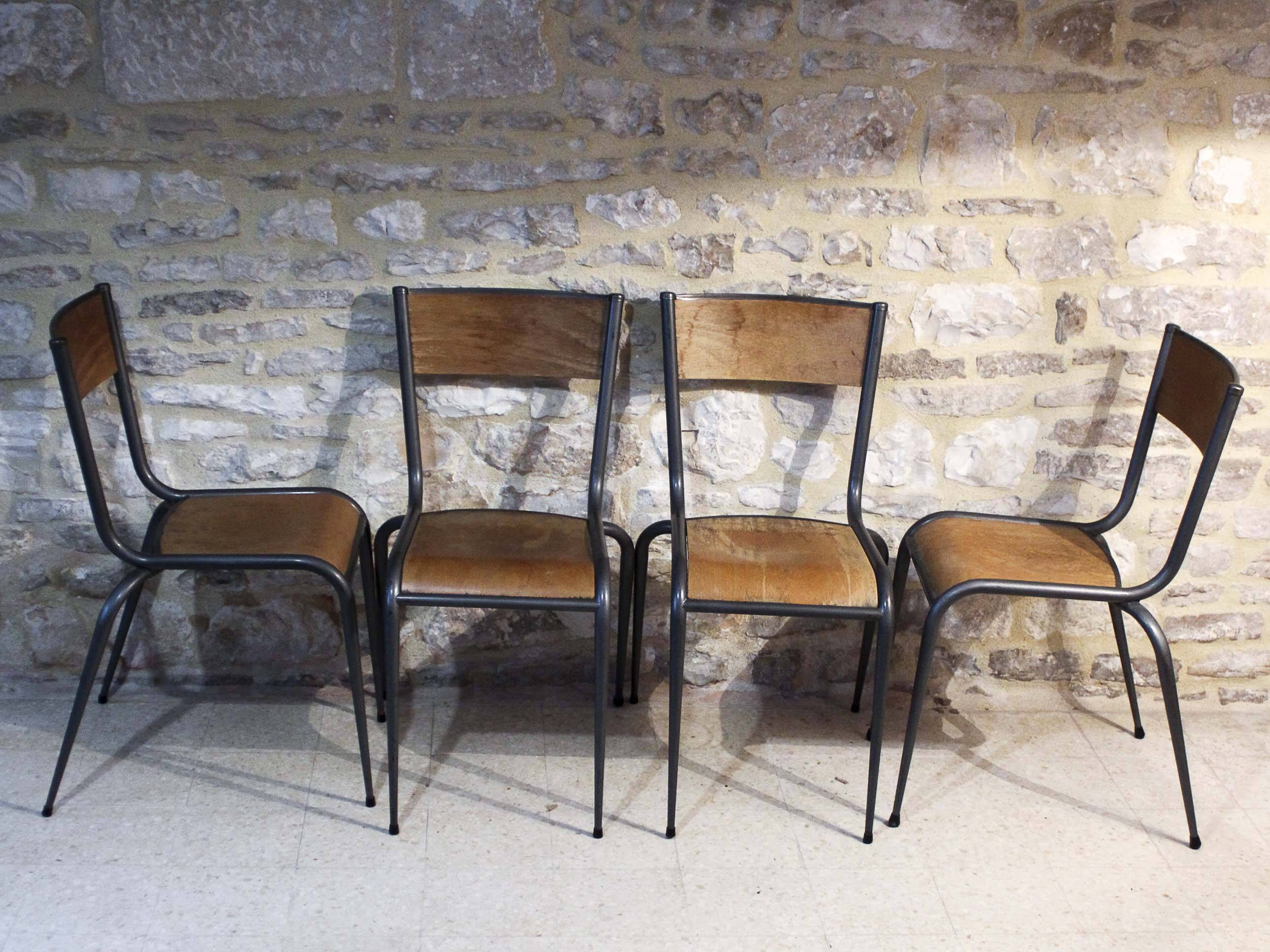 4 chaises d'école pieds fuselés métal et bois