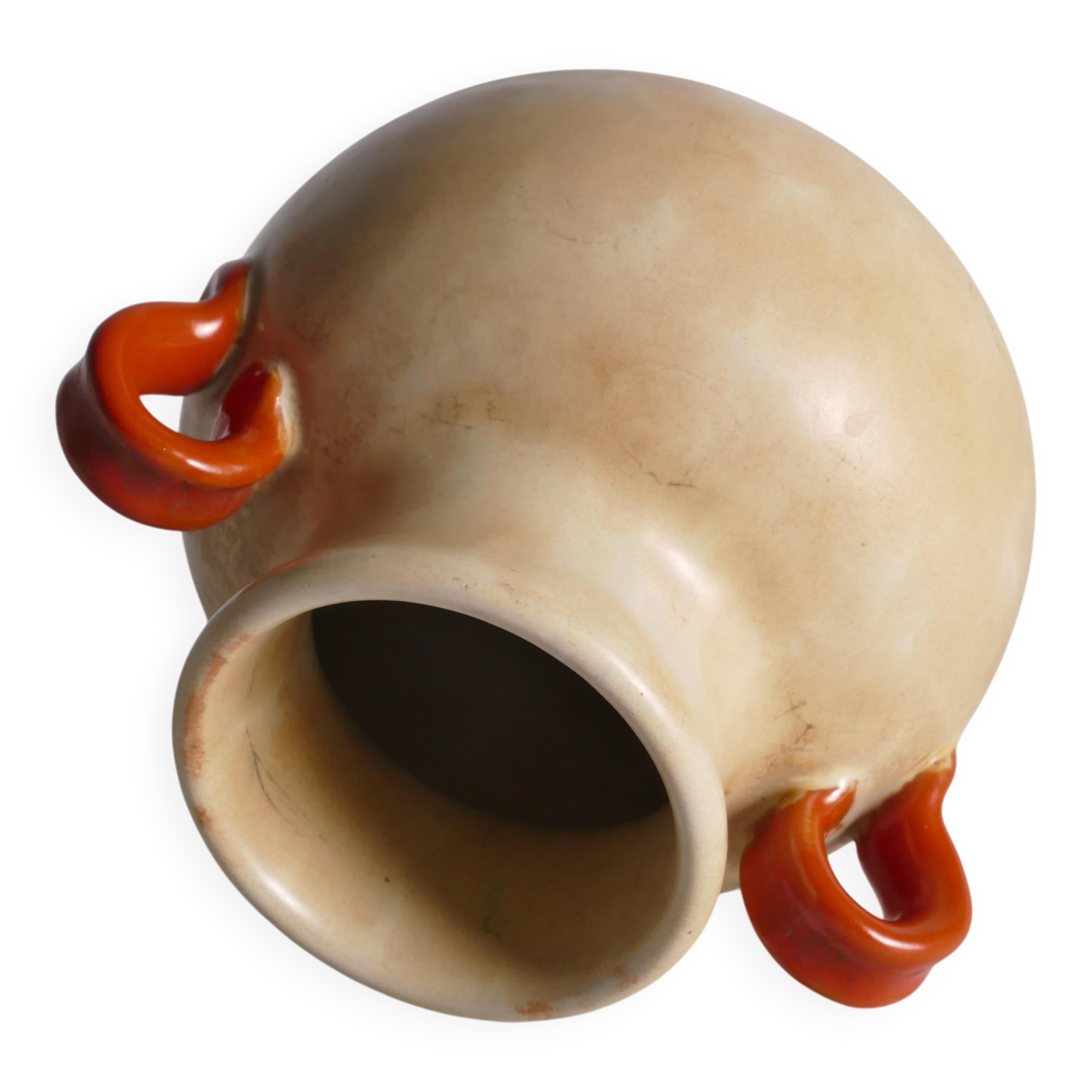 Art Deco Ceramic Beige Vase with Red Handles by Anna-Lisa Thomson, Upsala Ekeby