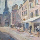 Vue animée de Guingamp, huile sur toile signée Roland, 73 x 52 cm