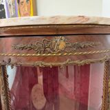Corner display case in wood veneer with musical instrument marquetry