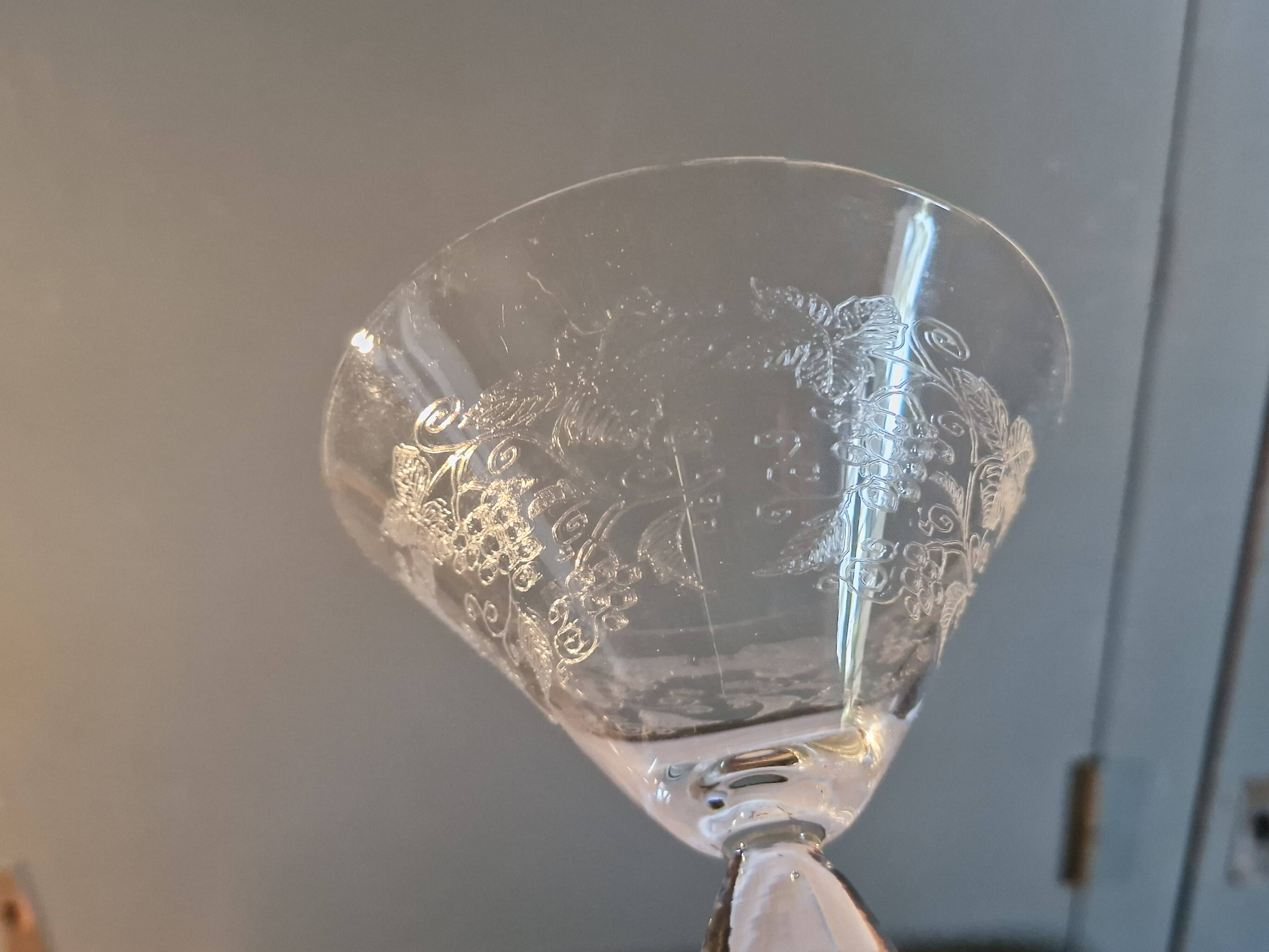 7 Art Deco crystal champagne coupes, grape clusters (+ 2 gifts)