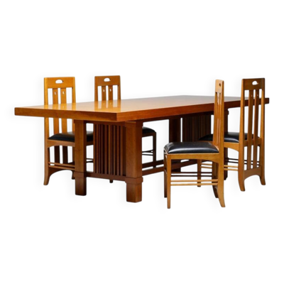 Table Frank Lloyd Wright ‘608 Taliesin’ + quatre chaises Mackintosh “309 Ingram”