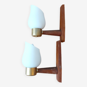 Pair of Scandinavian wall lights in teak, gold metal and white opaline 1960 Vintage.