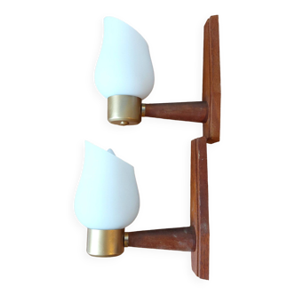 Pair of Scandinavian wall lights in teak, gold metal and white opaline 1960 Vintage.