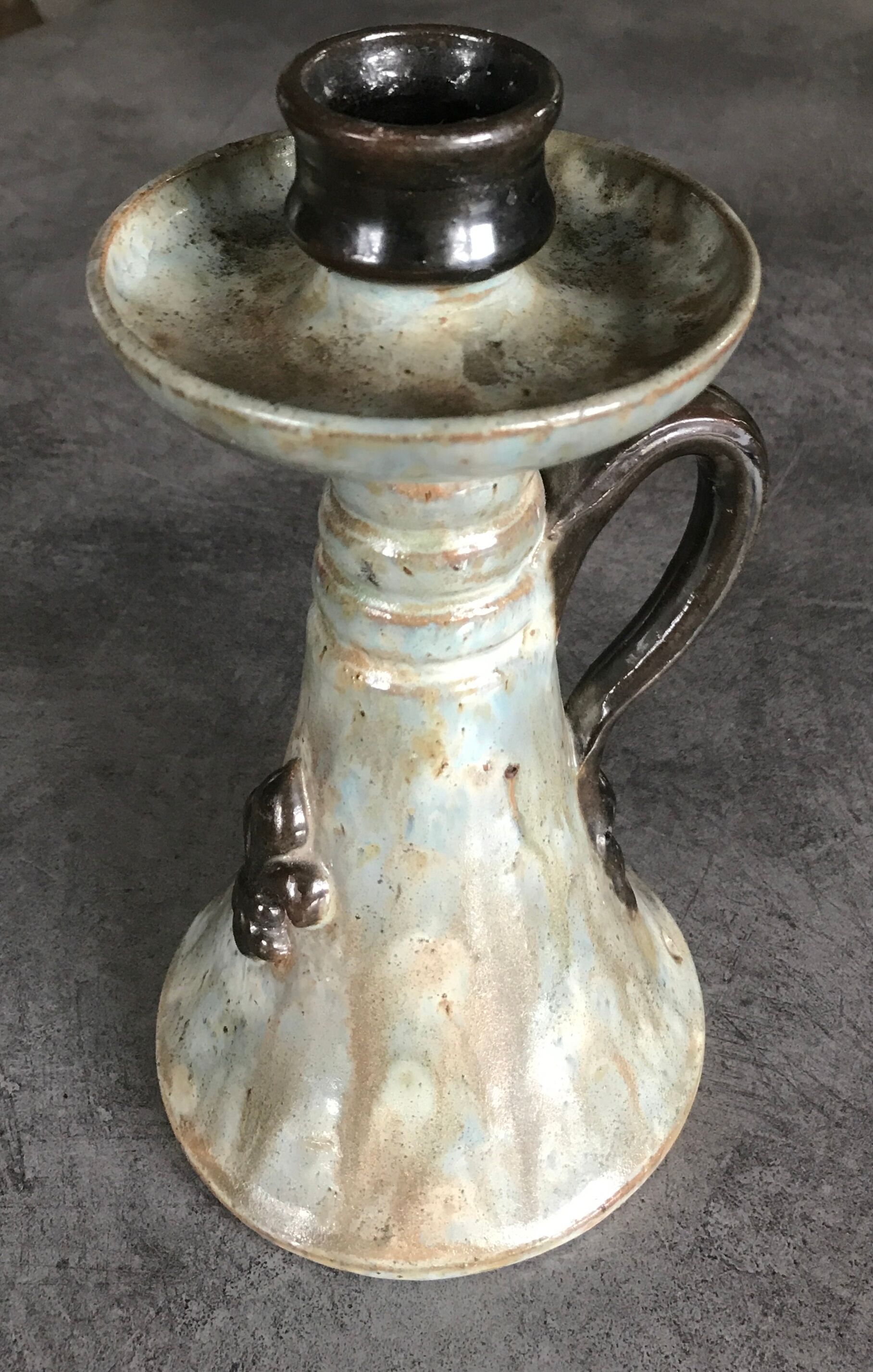 Candle holder old sandstone blue glazed bouffioulx signed dubois décor de lys