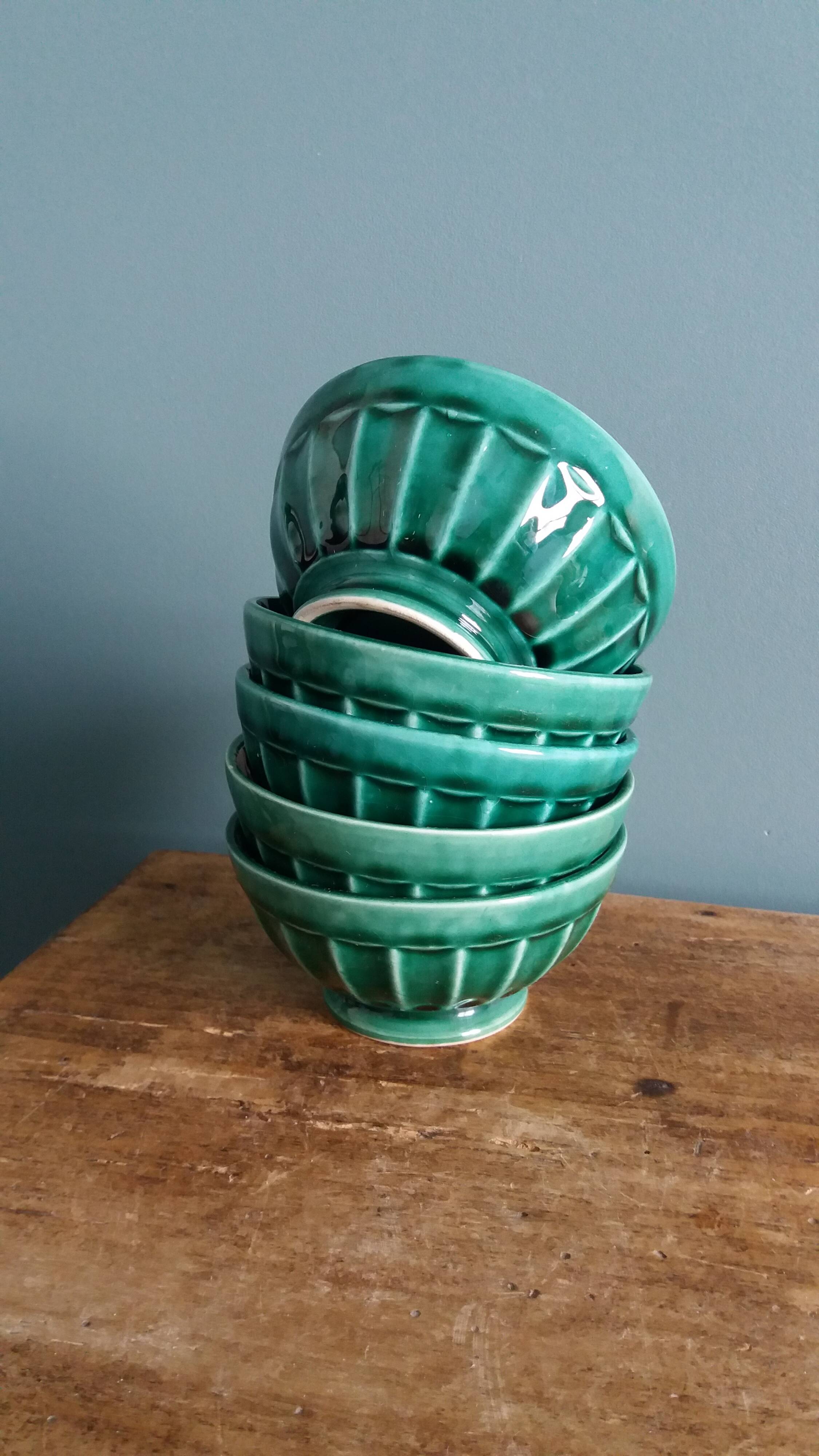 Emerald green glazed ceramic ribbed bowls