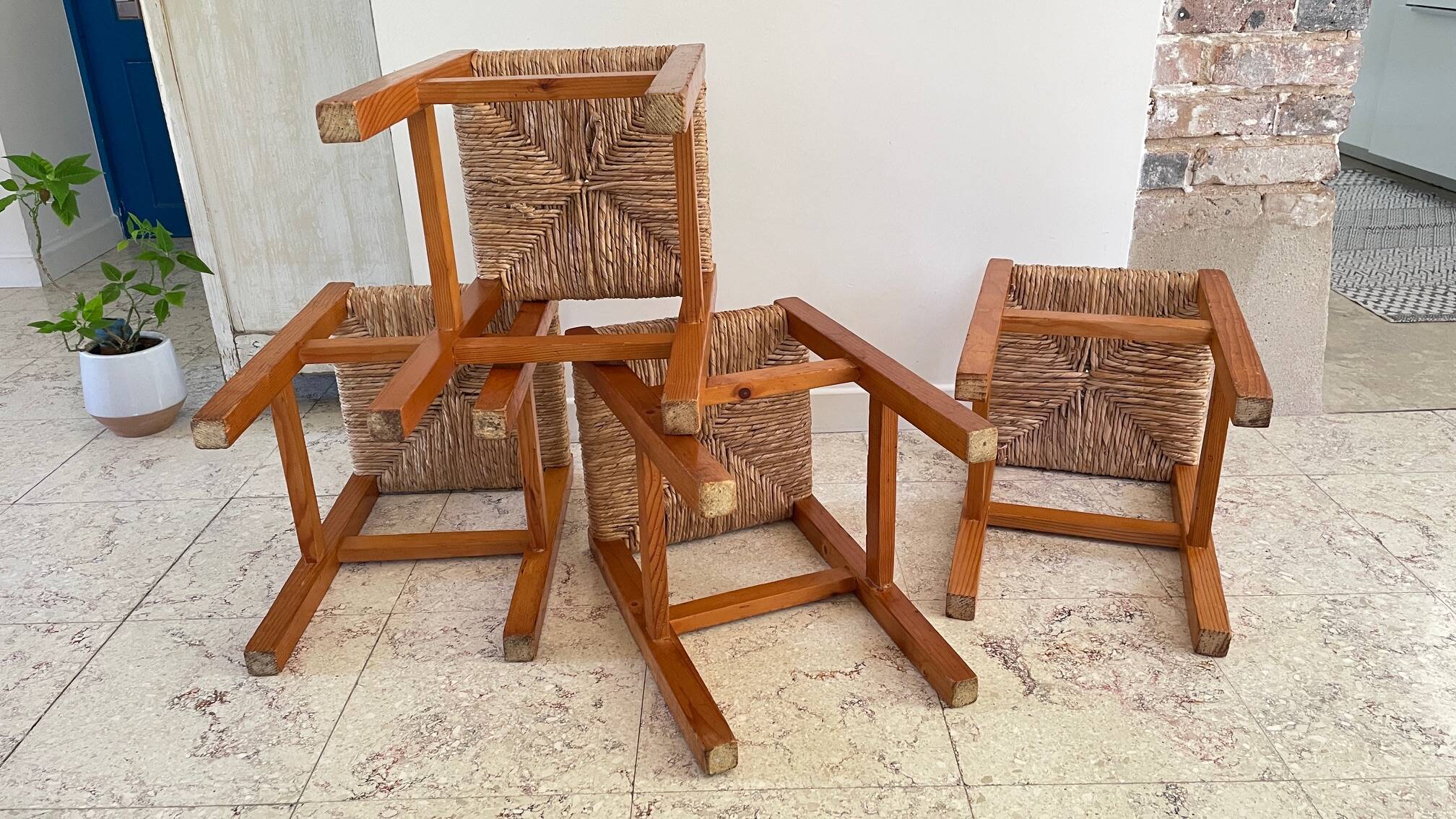 Pair of vintage wooden and straw stools