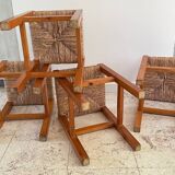 Pair of vintage wooden and straw stools