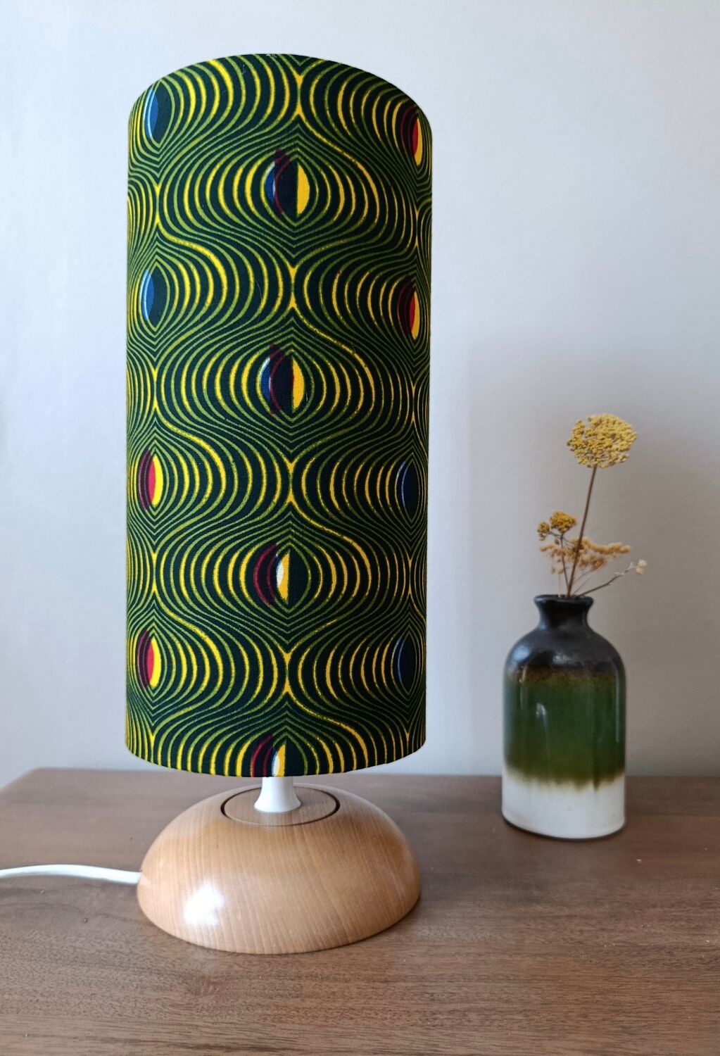 solid wood Scandinavian base lamp, hypnotic printed lampshade