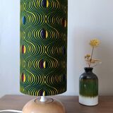 solid wood Scandinavian base lamp, hypnotic printed lampshade