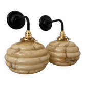 Pair of wall lights in marbled opaline
