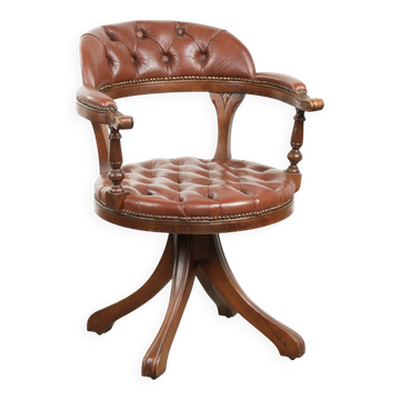 Rotating English style Chesterfield office chair in brown cow leather