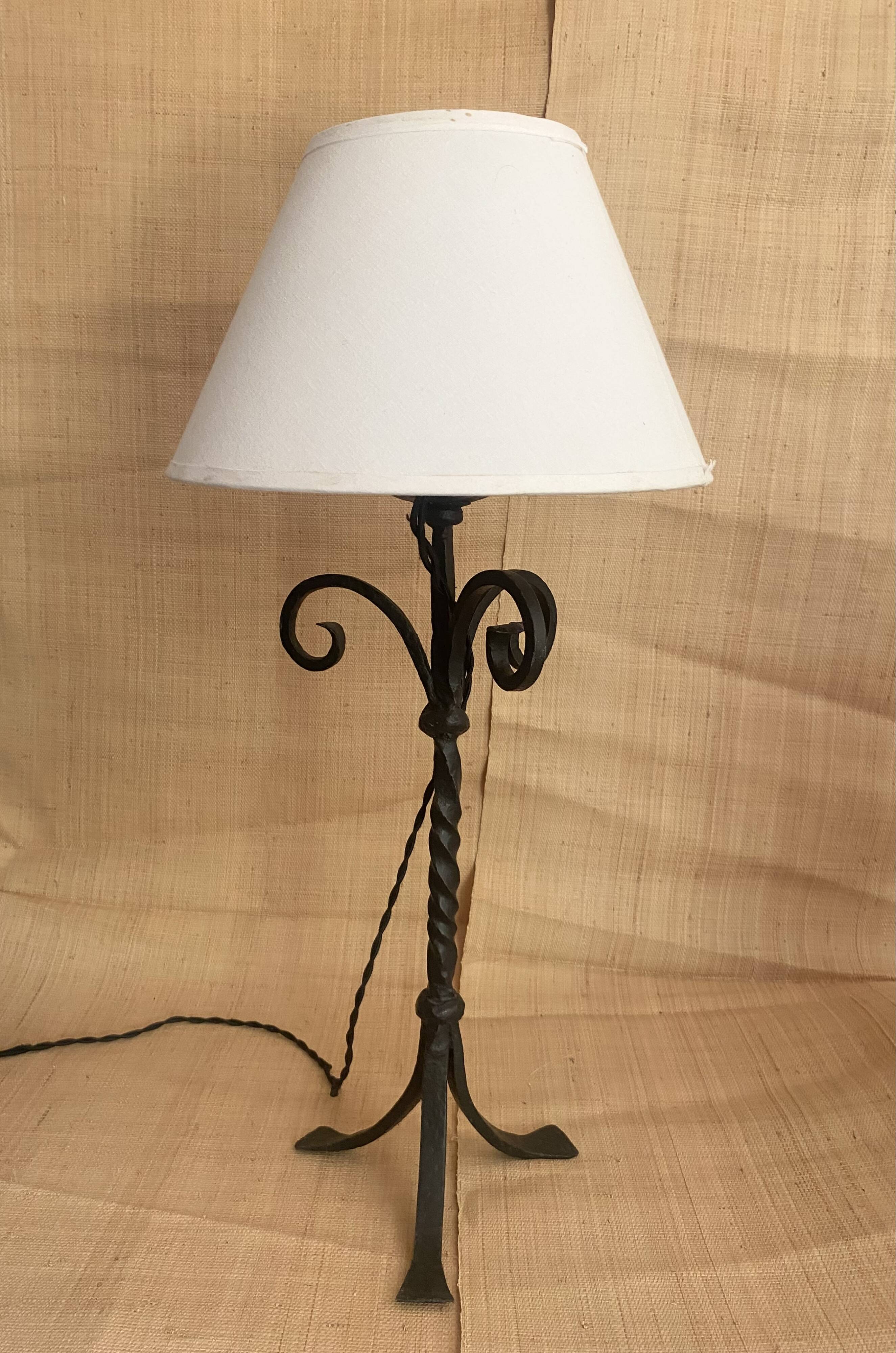 1970s wrought iron lamp, new 2m fabric cable, lampshade.