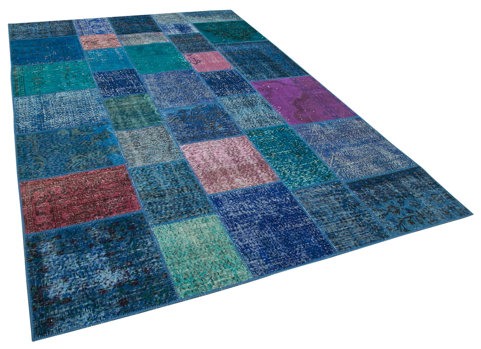 Handwoven anatolian contemporary 204 cm x 300 cm blue patchwork carpet