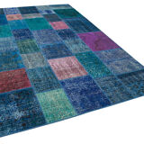 Handwoven anatolian contemporary 204 cm x 300 cm blue patchwork carpet