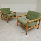Pair of chalet style armchairs in green fabric