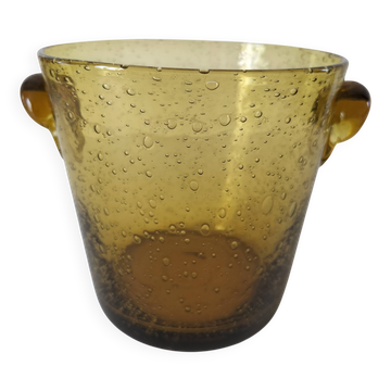 Vintage Biot ice bucket in blown amber glass with bubbles, signed.