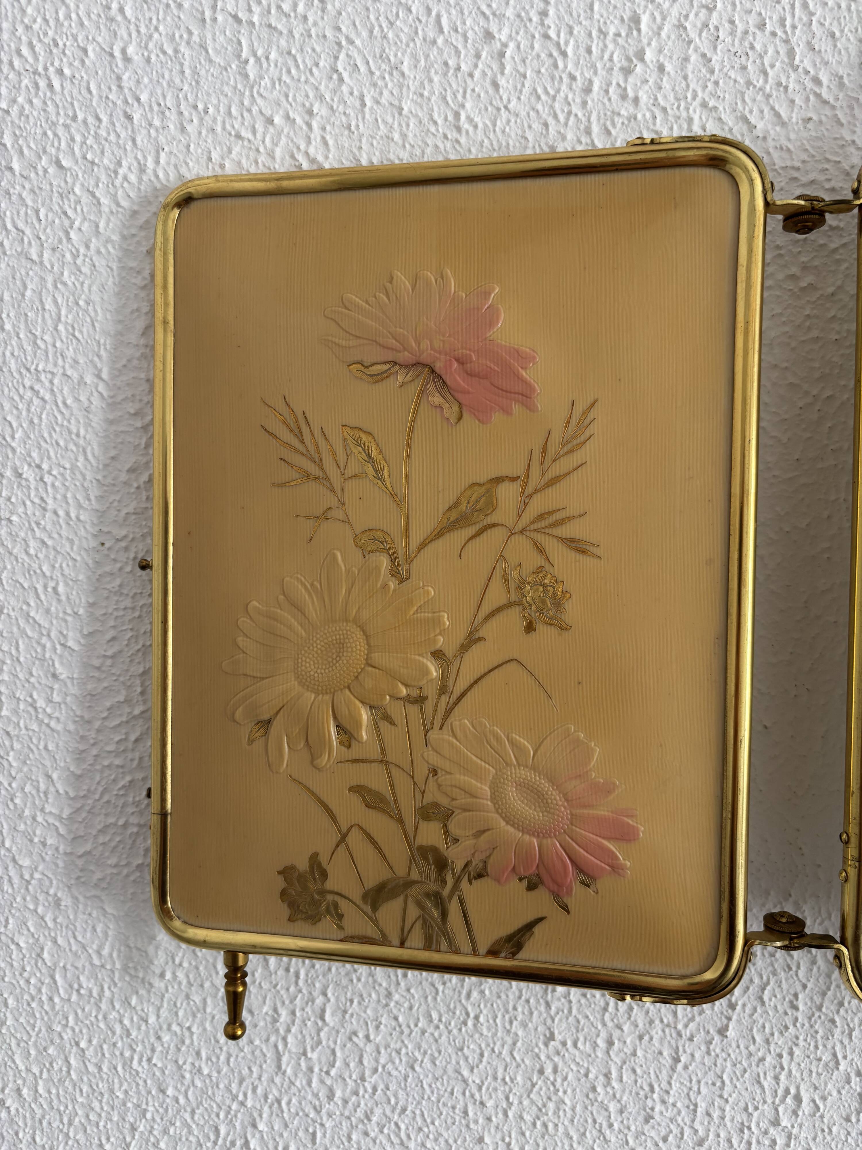 Miroir vintage 1920 triptyque barbier doré fleurs neuf bon marché - 28 x 60