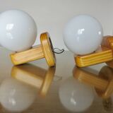Pair of Scandinavian wall lights in pine and white opaline, 1980s.
