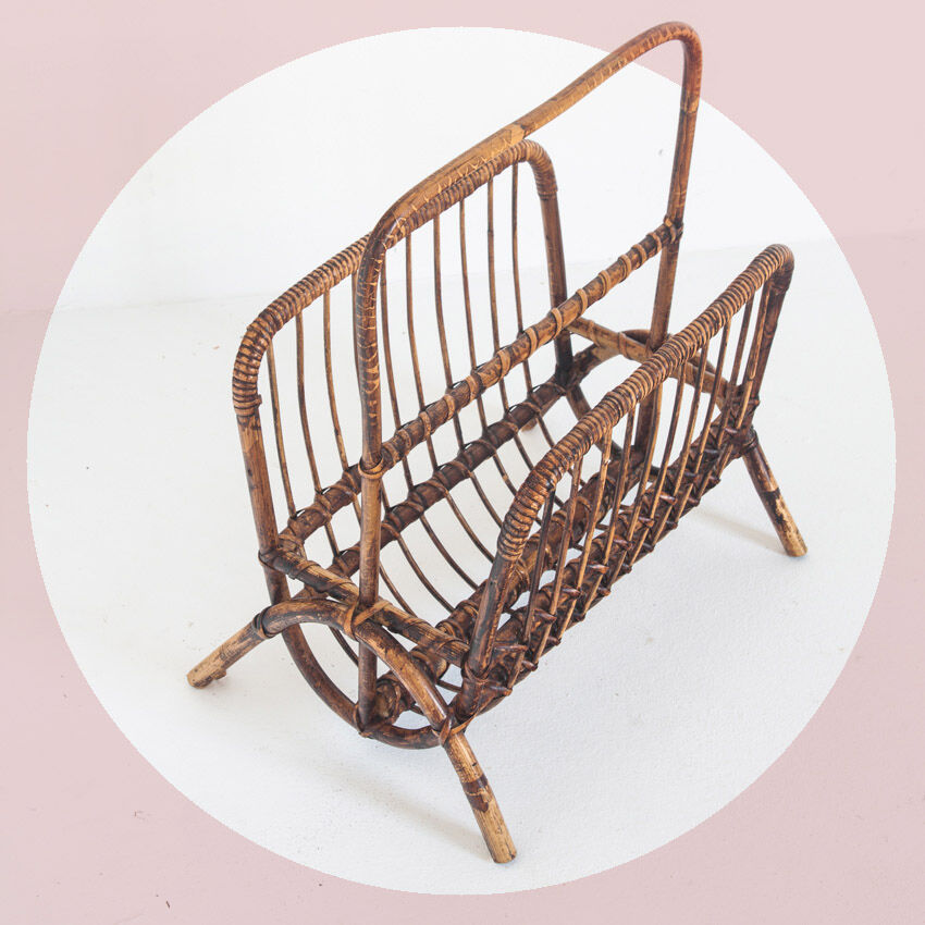 Vintage rattan magazine holder, France 1960