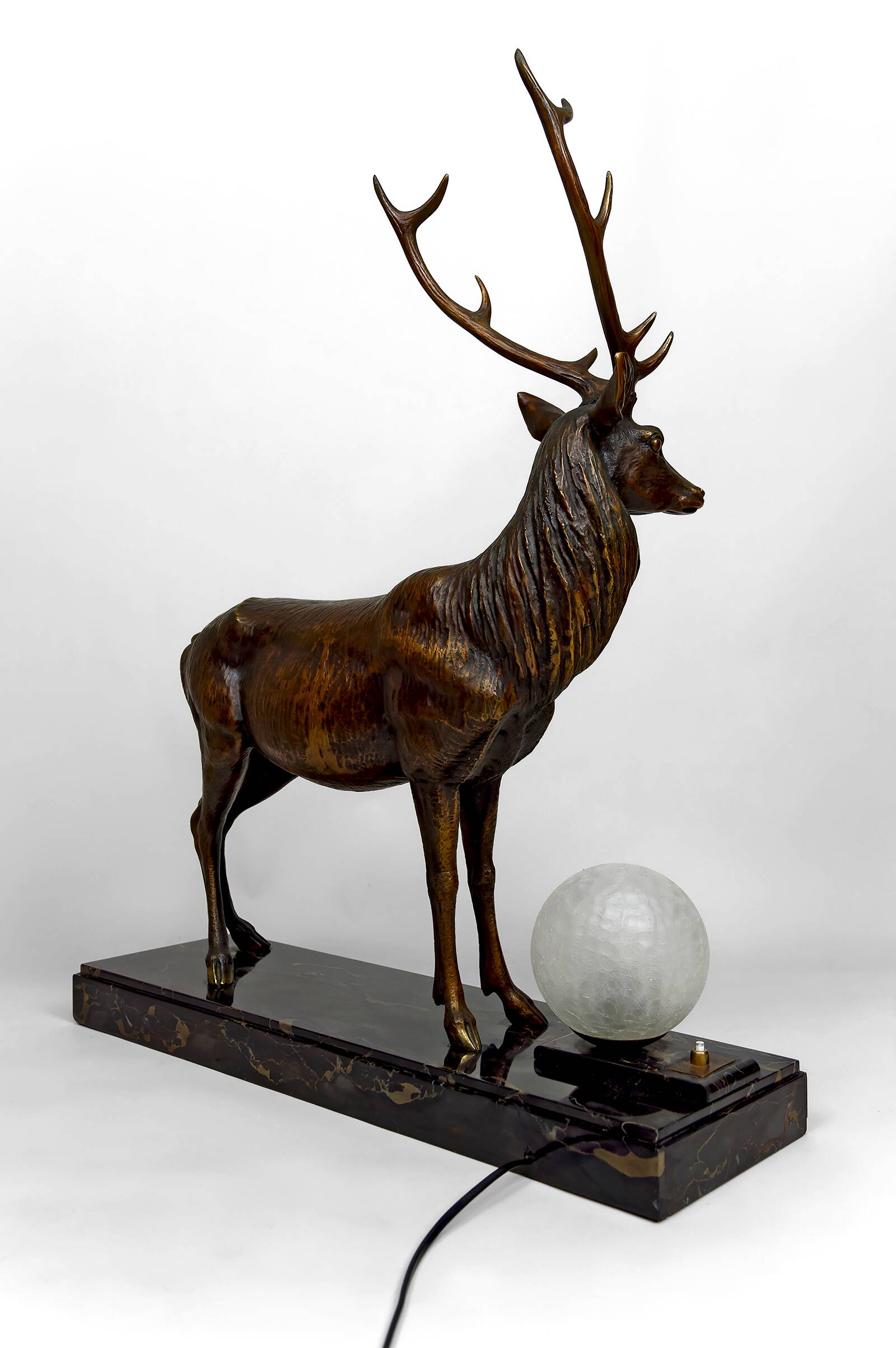 Important Bronze and Marble Sculptural Lamp, Deer, Art Deco, France