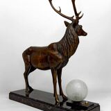 Importante Lampe Sculpturale en Bronze et Marbre, Cerf, Art Déco, France
