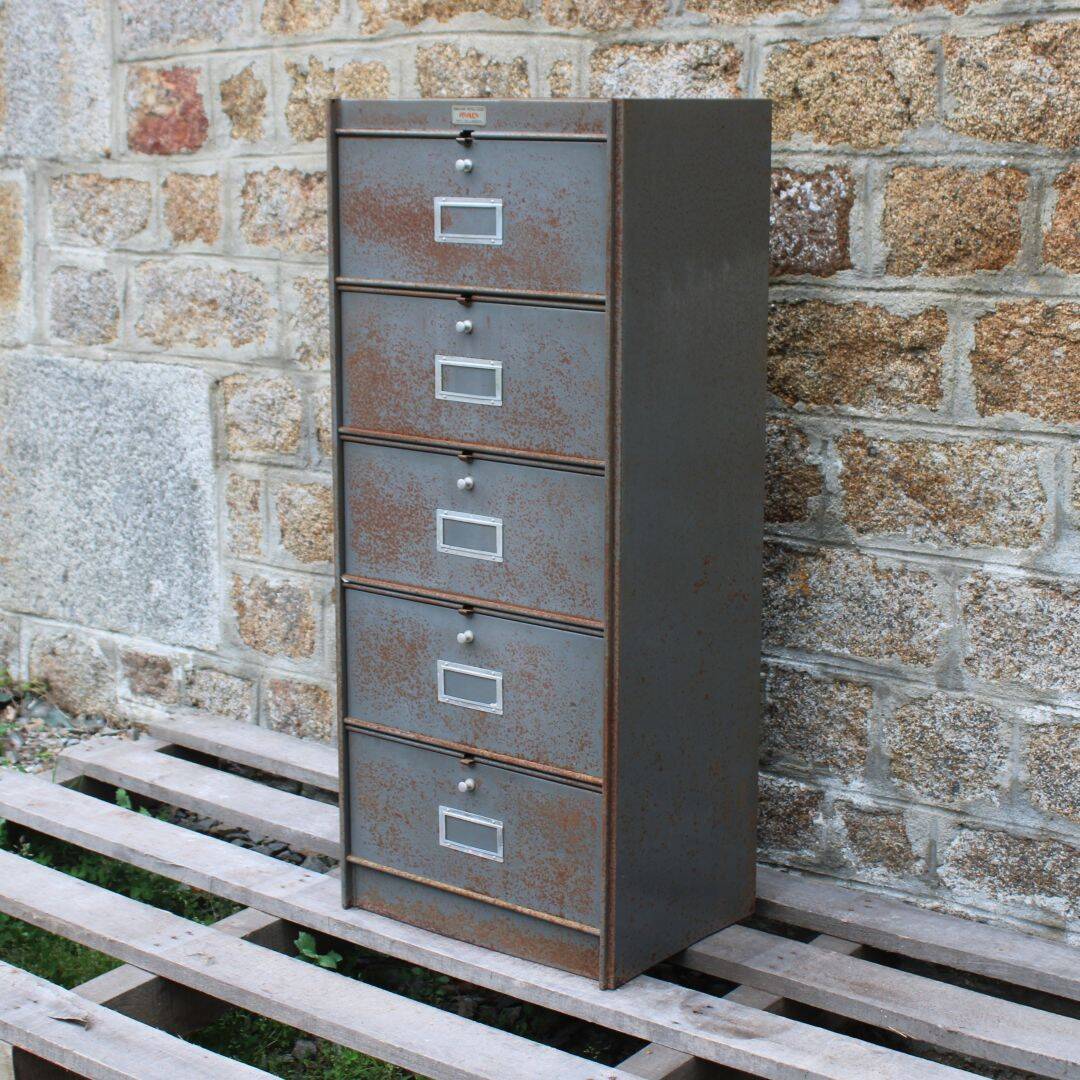 Patinated metal industrial filing cabinet – roneo