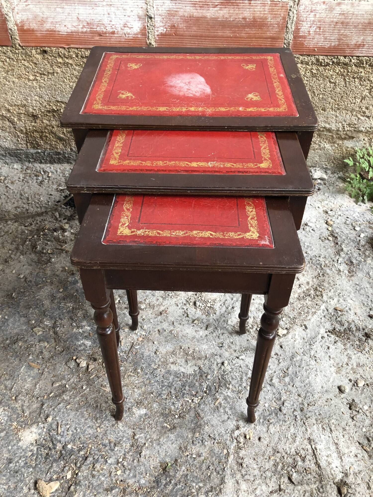 Series 3 Tables Trundles Wood Bent Feet + Top Embossed Leather Vintage Red